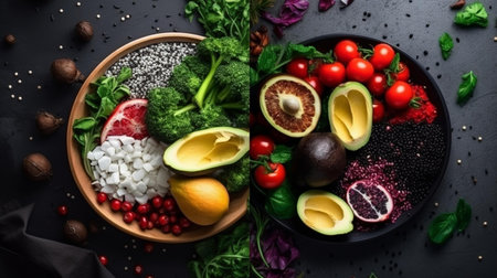 Healthy foods. Vegetables, fruits and superfoods on black backgroundの素材