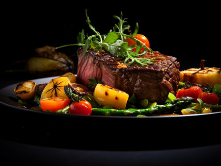 Grilled beef steak with asparagus and vegetables on a black backgroundの素材
