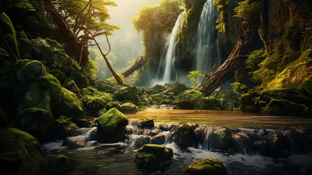 Beautiful waterfall in the forest at sunset. 3D renderingの素材