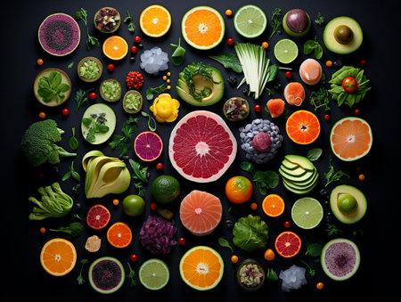 Fruits and vegetables background. Healthy food concept. Top view.の素材