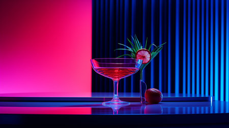 Cocktail in a martini glass with red and blue lightsの素材