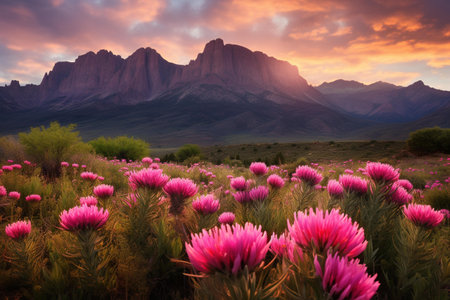 Pink flowers on the meadow in front of the mountains at sunsetの素材