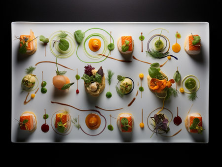 Canapes with salmon, caviar and vegetables on a black backgroundの素材