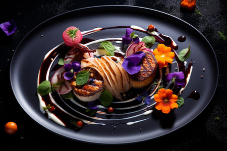 Fried figs with cream sauce and edible flowers on black plateの素材
