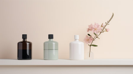 Cosmetics bottles with pink flowers on shelf against beige wall.の素材