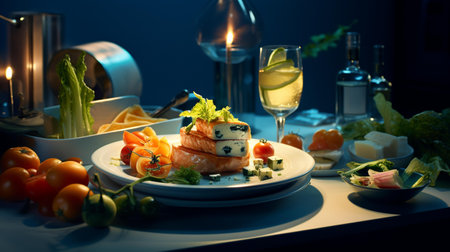 salmon with cheese and vegetables on a white plate in a restaurantの素材