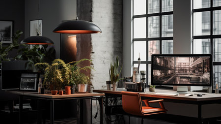 Contemporary office interior with furniture and equipment. 3D renderingの素材