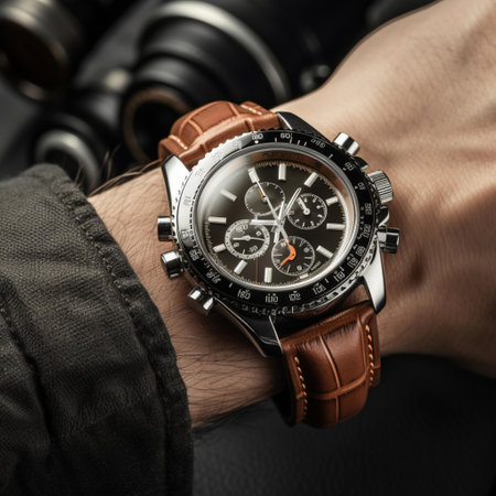 Men's luxury wristwatch with brown leather strap on a male hand.の素材