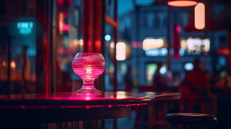 Wine glass on a table in a pub at night. Selective focus.の素材
