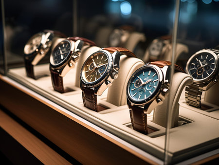 Wrist watches in a shop window. Luxury watch store.の素材