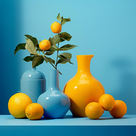 Lemons and vases on blue background. 3d renderingの素材