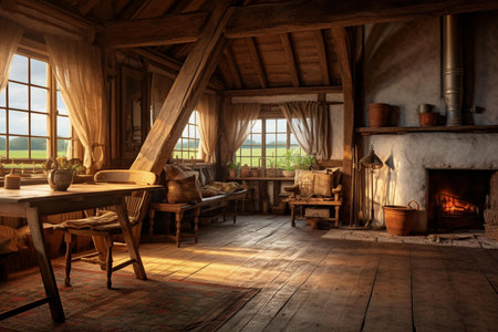 Interior of old rustic wooden house with fireplace and wooden furnitureの素材