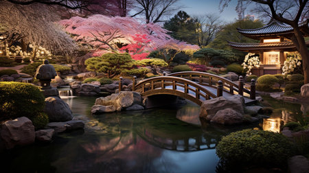 Japanese garden with pond and bridge in the evening, Tokyo, Japanの素材