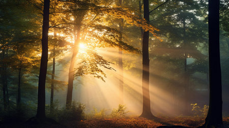 Morning in the forest. Sun rays through the trees. Autumn natureの素材