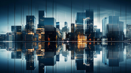 Cityscape with glass silhouettes of skyscrapers and night lightsの素材