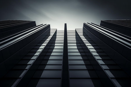 Low angle view of modern skyscrapers in business district against cloudy skyの素材