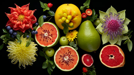 Flower composition with fruits and flowers on a black background. top viewの素材