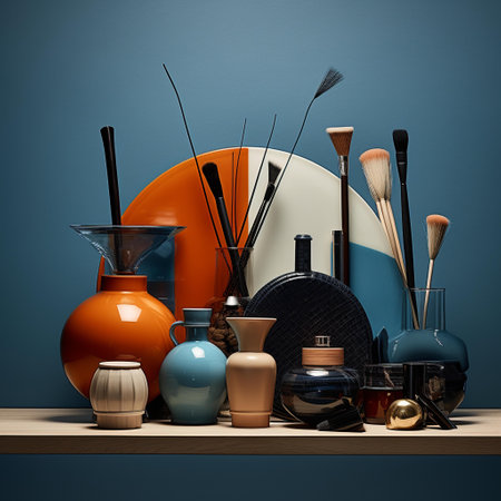 Cosmetics and makeup brushes on the shelf. 3d illustration.の素材