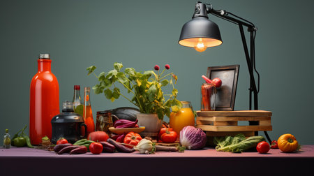Still life with various vegetables and a lamp on a dark background.の素材
