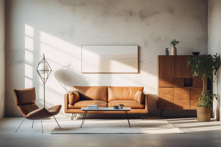 Interior of modern living room with white walls, concrete floor, comfortable brown sofa standing near coffee table and vertical mock up poster. 3d renderingの素材