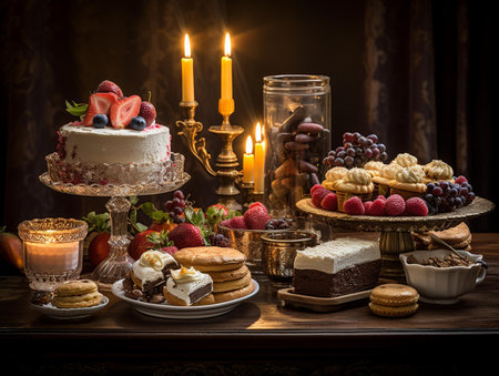 Still life with a variety of sweets on a wooden table in vintage styleの素材