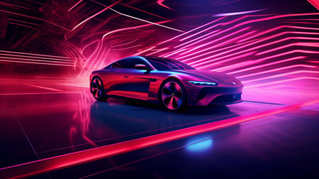 3D rendering of a brand-less generic concept car in neon lightの素材