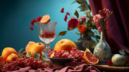 Still life with oranges, grapes and flowers on a blue background.の素材