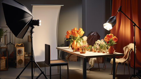 Interior of modern photo studio with professional equipment and tulip flowersの素材