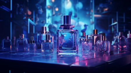 Perfume bottles on dark toned background. 3D renderingの素材