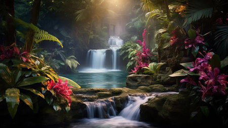 Beautiful waterfall in the tropical forest with pink flowers and green leavesの素材