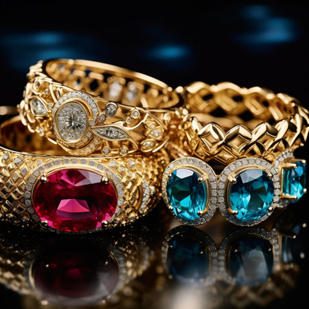 Jewelry ring and earrings on a dark background close upの素材
