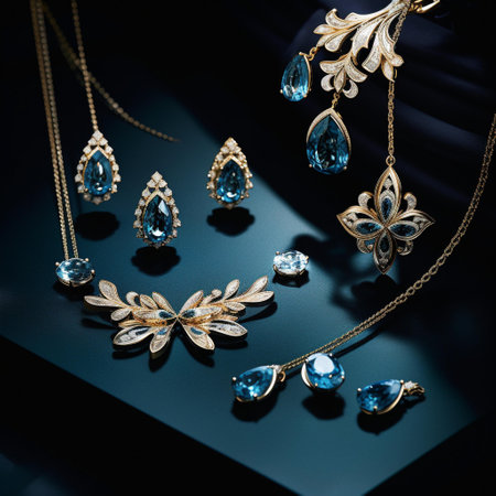 jewelry necklace and earrings with precious stones on black backgroundの素材