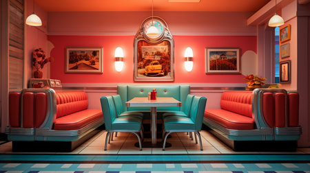 Interior of a cafe with red walls and blue chairs. 3d renderingの素材