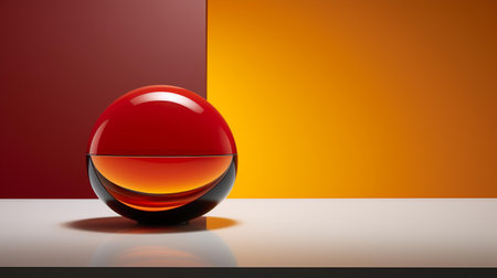 3D render of a red glass sphere on a white and orange backgroundの素材
