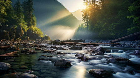 Mountain river in the summer forest. Beautiful landscape with a mountain river.の素材