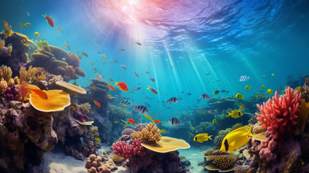 Beautiful underwater world with corals and tropical fish. Underwater world.の素材