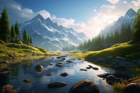Beautiful mountain landscape with clear water and high mountains in the backgroundの素材