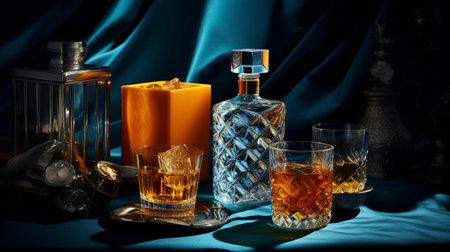 Cognac or brandy in glasses, ice cubes and bottles on blue silk backgroundの素材