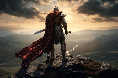 Knight with sword and red cloak on the top of the mountain.の素材