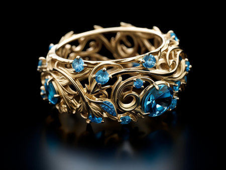 Golden ring with blue sapphire on a black background close upの素材
