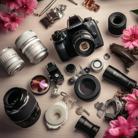 Flat lay of professional photographer equipment and flowers on wooden background.の素材