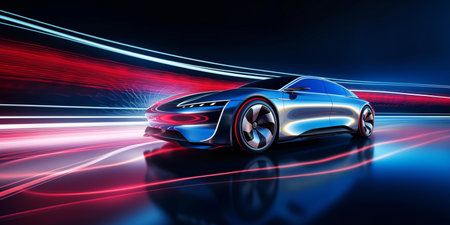 3D rendering of a brand-less generic concept car in neon lightの素材