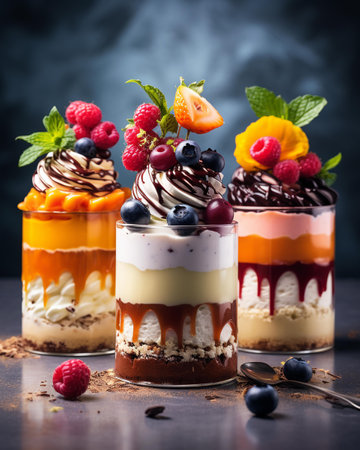 Tiramisu with fresh berries and whipped cream in a glassの素材