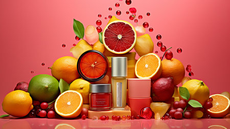 Fruit and skin care products with splashes on a red backgroundの素材