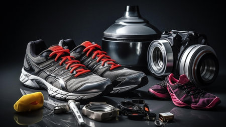Set of sport equipment and shoes on black background. Fitness concept.の素材