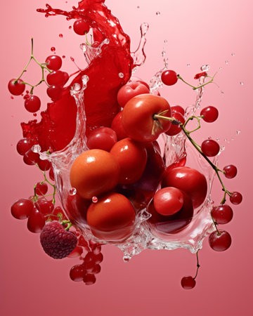 red currant and strawberry in water splash on a pink background.の素材