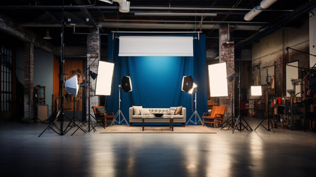 Interior of modern photography studio with blue walls and lighting equipment. 3d renderingの素材