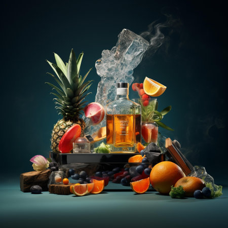 Composition with exotic fruits, ice cubes and bottles on dark backgroundの素材