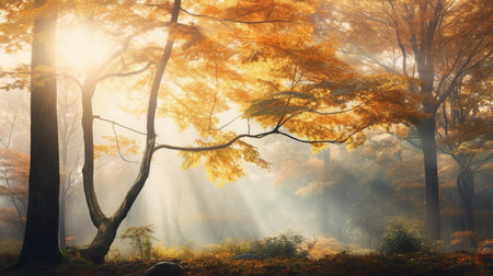 Autumn forest with sunbeams and fog. Nature background.