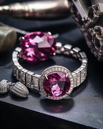 jewelry ring with precious stones on a black background close upの素材